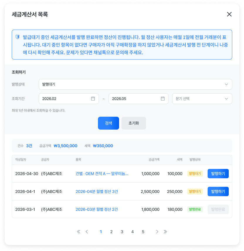 세금계산서 발행 목록 창의 발행대기 건과 발행하기 버튼